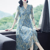 Womens Blue Floral Silk Midi Dress Button Front Long Silk Dress